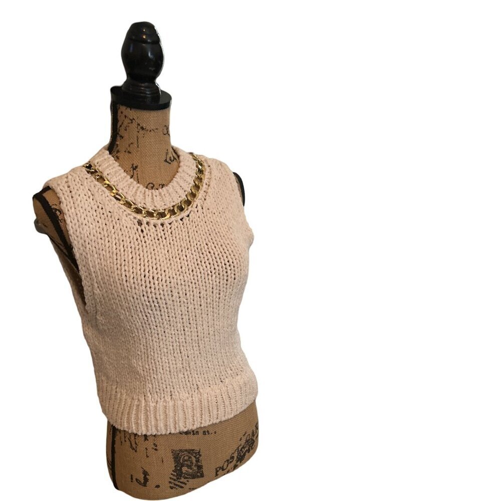 Zara Womens Size M Knit Sweater Chunky Vest Gold Chain Neck Sleeveless Tank Top